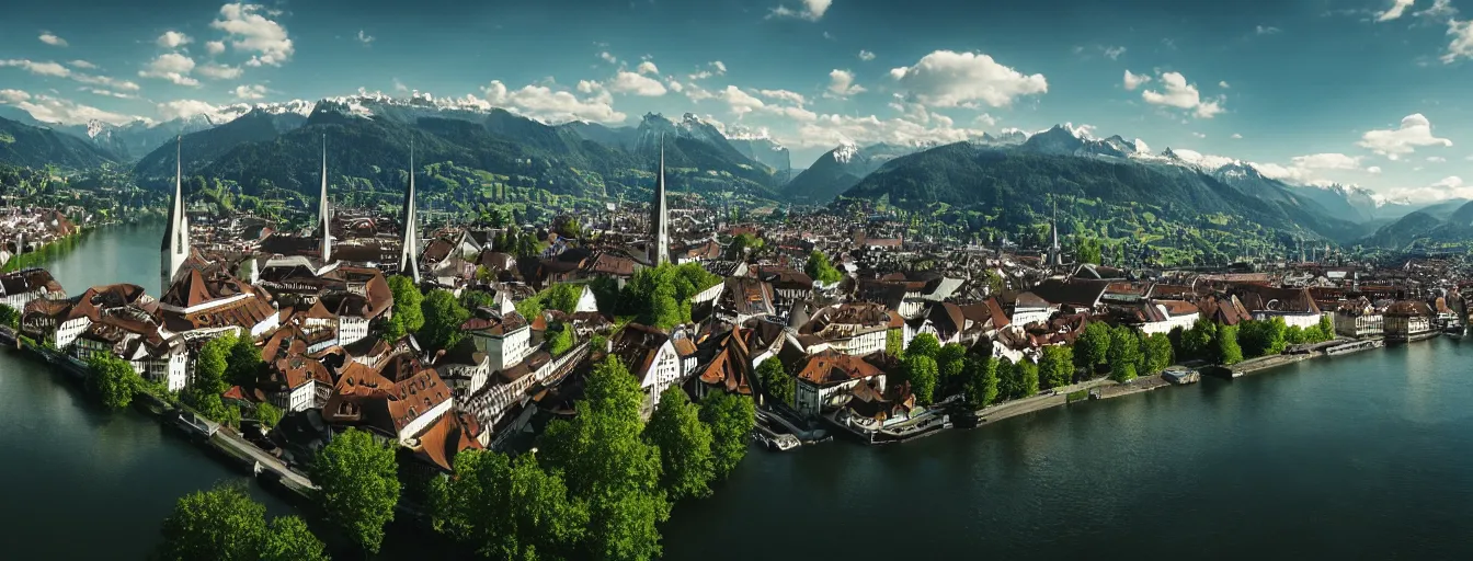 Image similar to Photo of Zurich, looking down the river at the lake and the alps, Hardturm, Grossmünster, wide angle, trees, volumetric light, hyperdetailed, caribean water, artstation, cgsociety, 8k