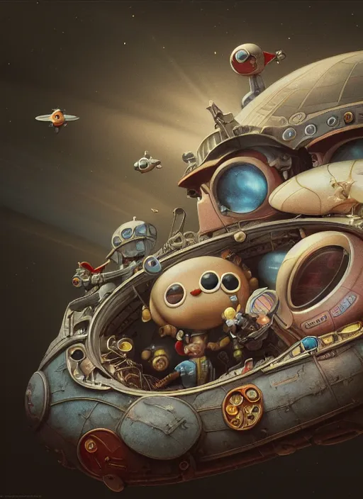 Prompt: highly detailed closeup portrait of a cute tin toy retro saucer spaceship, nicoletta ceccoli, mark ryden, lostfish, earl nore, hyung tae, frank frazetta, global illumination, god rays, detailed and intricate environment