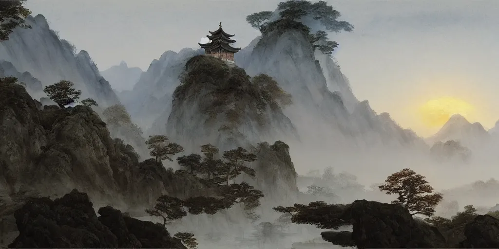 Image similar to a beautiful water color and ink painting of a large landscape, with a chinese temple, streams and rocks, at dawn, emerging sun and hills on the horizon some light fog by lee madgwick or caspar david friedrich or edouard manet, trending on artstation