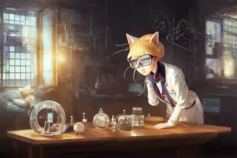 Image similar to neko woman scientist with cat ears wearing a lab coat looking at a measuring device on a table, highly detailed illustration, digital art, 4 k, by yoshitaka amano, by greg rutkowski, by dan mumford, beautiful face, warm lighting, atmoshpheric, trending on artstation, oil painting