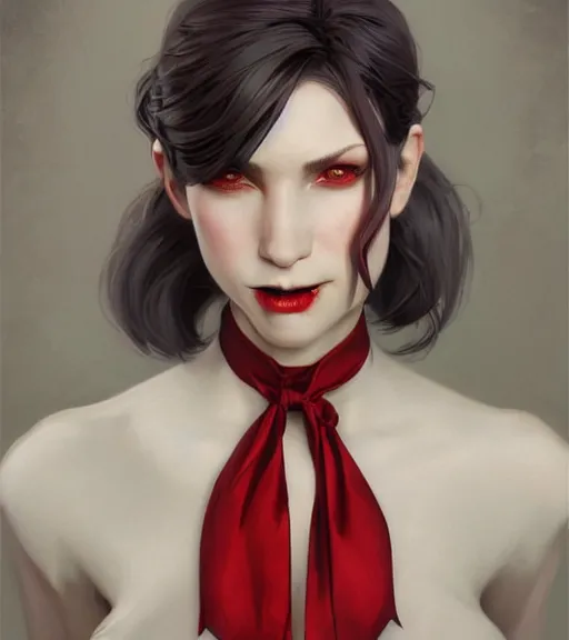 Image similar to a vampire girl, grey hair, red necktie, cinematic, stunning, highly detailed, digital painting, artstation, smooth, hard focus, full body shot, illustration, art by artgerm and greg rutkowski and alphonse mucha