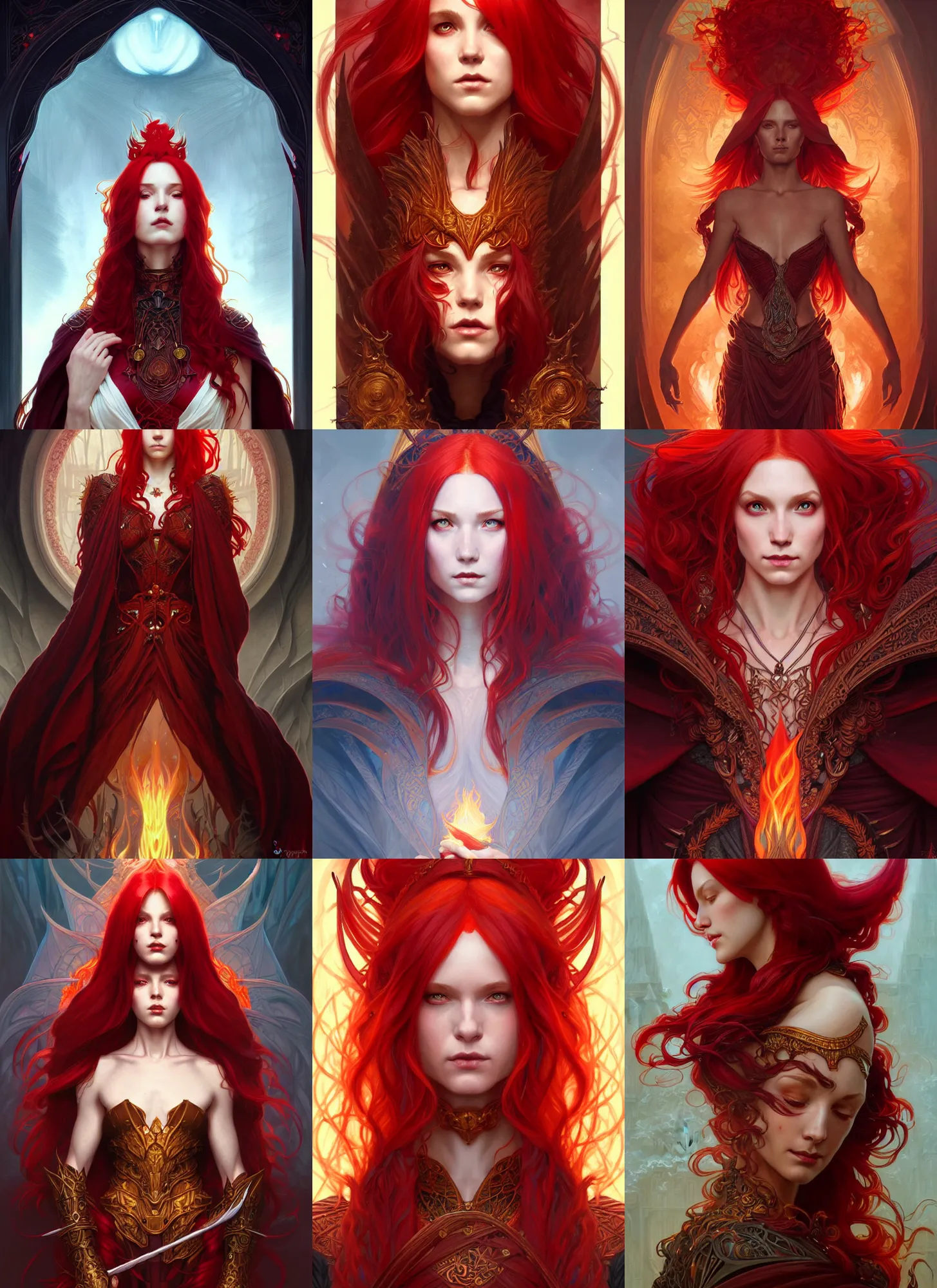 Prompt: symmetry!! portrait of red haired half dragon sorceress, fantasy, wizard cloak, fire!! intricate, elegant, highly detailed, digital painting, artstation, concept art, smooth, sharp focus, illustration, art by artgerm and greg rutkowski and alphonse mucha