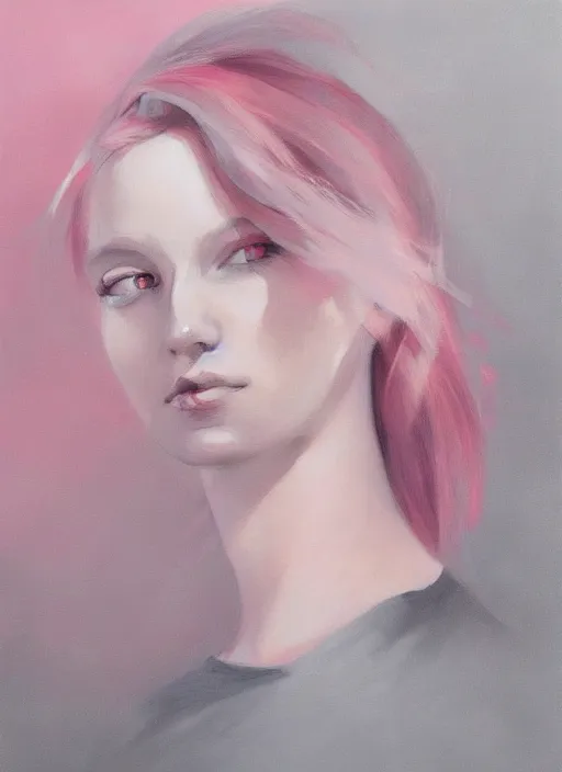 Image similar to half body portrait, woman, pink and grey clouds, by loish, trending on artstatio