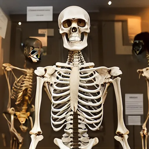 Prompt: human skeleton in alien museum exhibit
