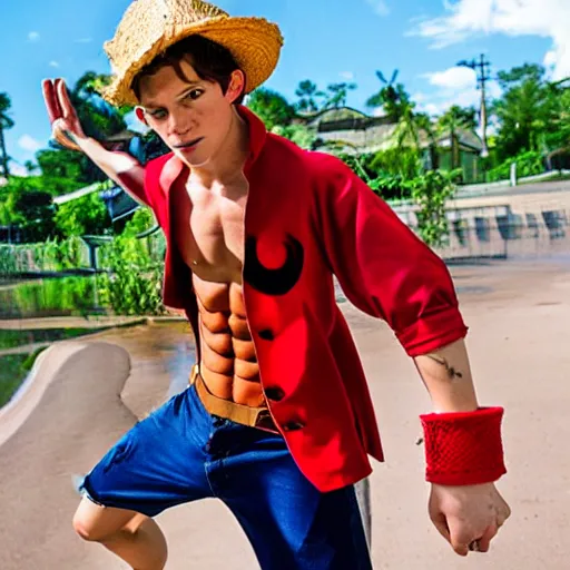 Prompt: tom holland cosplay of luffy one piece