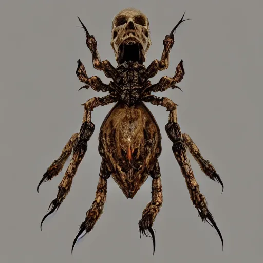 Image similar to Skull that look too much like skull!, crypt lurker!!, grasp of darkness!!!, pitchburn devils, giant terrestrial starfish!!!!!, 8k CG character rendering of a spider-like hunting female on its back, fangs extended, wearing a leopard-patterned dress, set against a white background, with textured hair and skin.