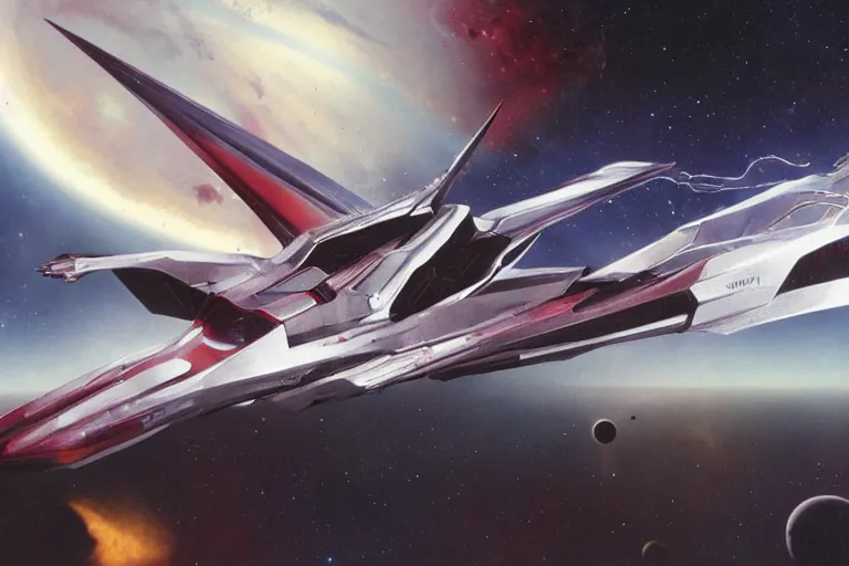 Image similar to gnostic space nebula by John Harris, framing a pteranodon mecha interceptor, small against the backdrop of space, white john berkey armor panels, wine-red and grey trim, robotech styling, with white Kanji markings outlined in black, boeing concept art painting, cinematic lighting, amazing lifelike cinematic photo render,