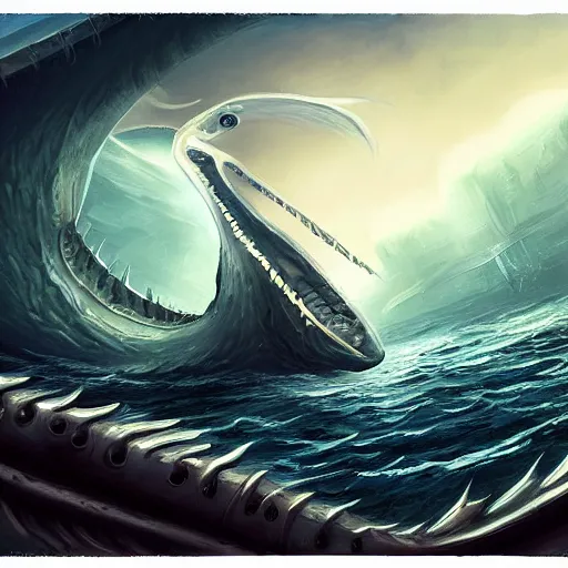 Prompt: sea monster looks like ship, deep dark sea, marine animal, highly detailed, digital painting, smooth, sharp focus, illustration, artstation