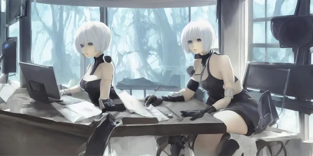 Image similar to 2b from nier automata sitting at a desk studying with headphones on in front of a laptop, background is a tinted window looking out into a white church, Ghibli studio art, high quality anime, photoshop, digital art, detailed facial features