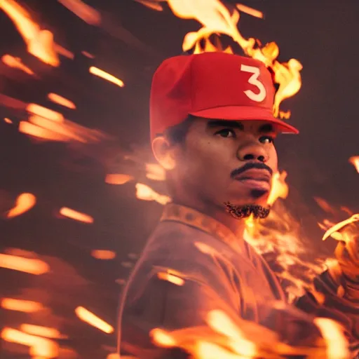 Image similar to cinematic film still of Chance The Rapper starring as a Samurai holding fire, Japanese CGI, VFX, 2022, 40mm lens, shallow depth of field, film photography