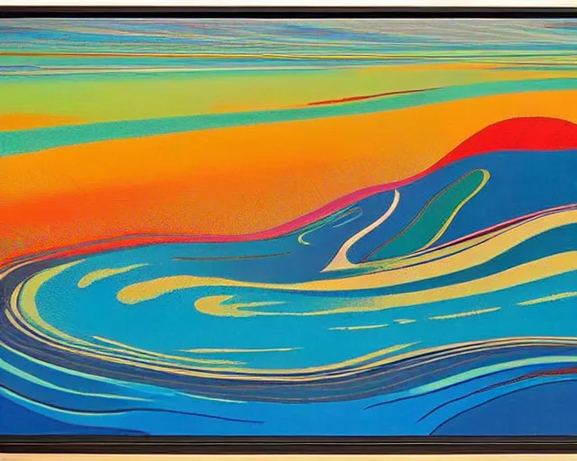 Image similar to A wild, insane, modernist landscape painting. Wild energy patterns rippling in all directions. Curves, organic, zig-zags. Saturated color. Mountains. Clouds. Rushing water. Hallucinatory sci-fi dreamworld. Wayne Thiebaud. Lisa Yuskavage landscape.