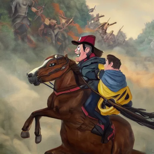 Prompt: Gideon Gleeful gravity falls leading a cavalry charge, oil painting, realistic, 4K, painting, dramatic, historical