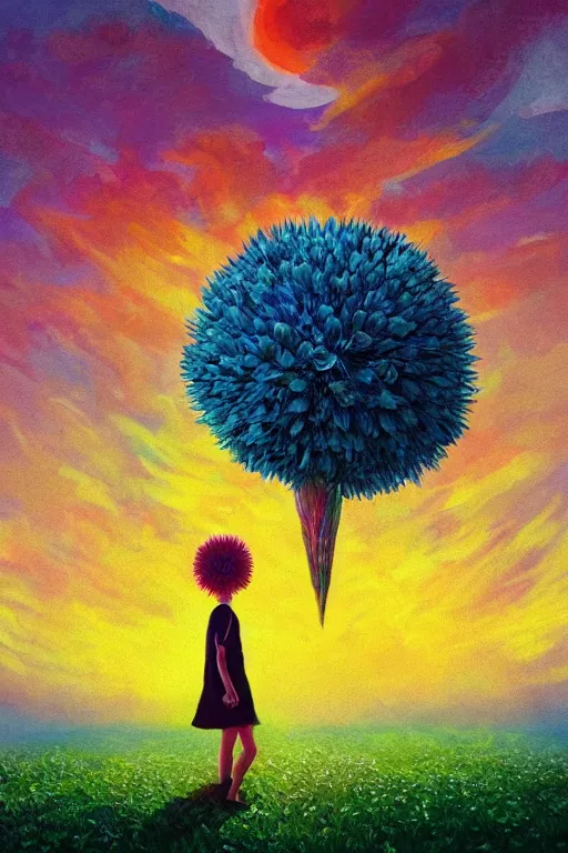 Image similar to giant corn flower head, girl walking on the moon, surreal photography, sunrise, dramatic light, impressionist painting, colorful clouds, digital painting, artstation, simon stalenhag