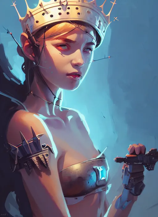 Image similar to portrait of cute maiden girl with crown of thorns in cyber bikini armor, warhammer, cyberpunk, by atey ghailan, by greg rutkowski, by greg tocchini, by james gilleard, by joe fenton, by kaethe butcher, dynamic lighting, gradient light blue, brown, blonde cream and white color in scheme, grunge aesthetic