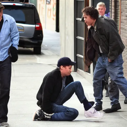 Prompt: paparazzi photo of Jimmy Fallon kicking a homeless person