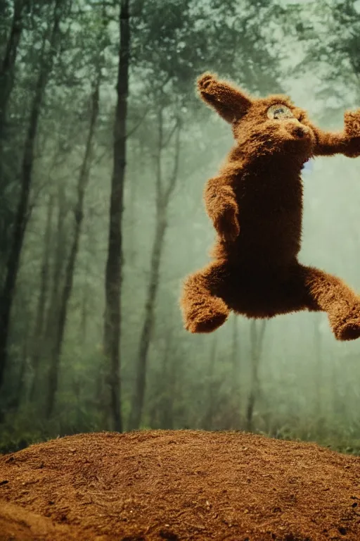 Prompt: A little furry cute monster is excited jumping over a mound in a misty forest, 4k, 8k
