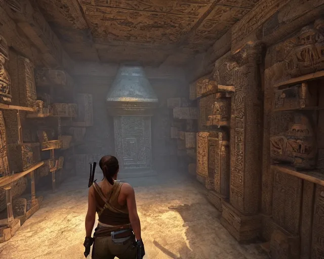 Image similar to screenshot of tomb raider uncharted indiana jones game ps 5, an ancient undiscovered egyptian treasure room entirely made of shiny gold walls, chest full of ingots and gems and precious, concept art, architecture design, pyramids style, rtx, nvidia, renderer, stunning graphics