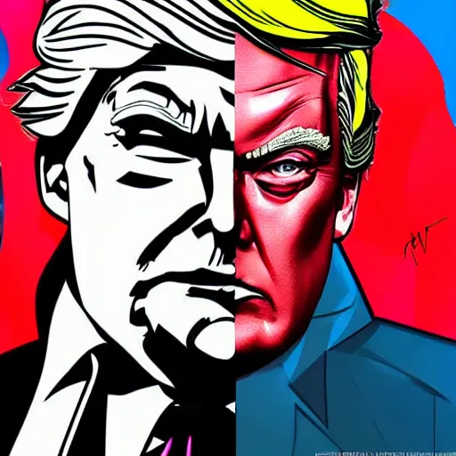 Prompt: cyberpunk donald trump, sharp lines, digital, artstation, colored in