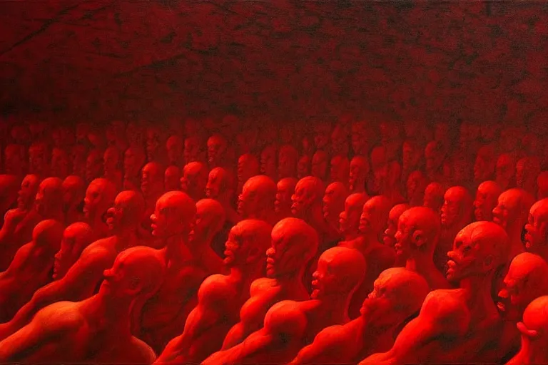 Image similar to only with red, crowd screaming, an exposed painting in a roman theater, in the style of beksinski, parts by edward hopper, parts by rodcenko, parts by yue minjun, intricate and epic composition, red by caravaggio, insanely quality, highly detailed, masterpiece, red light, artstation, 4 k