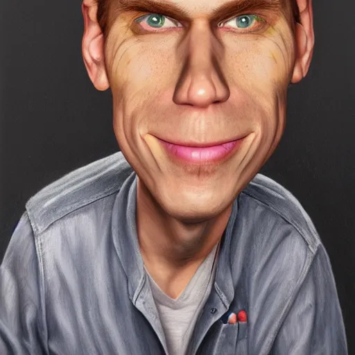 Image similar to Caricature portraits done of Jerma, realistic, hyperrealistic, very realistic, highly detailed, very detailed, extremely detailed, detailed, oil painting, digital art, trending on artstation