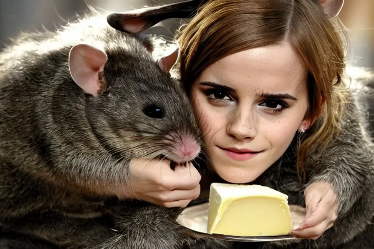 Image similar to photo, emma watson as anthropomorphic furry - rat, she is a real huge fat rat with rat body, cats! are around, eating cheese, highly detailed, intricate details
