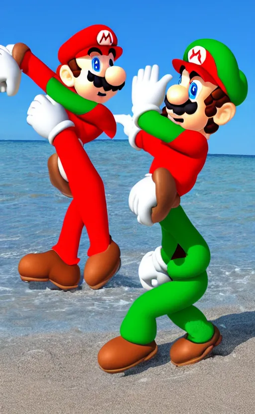 Image similar to mario and luigi ripped chilling on a beach