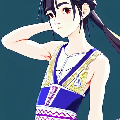 Image similar to a beautiful boyish japanese emma watson alluring instagram model, wearing elegant japanese hiphop leotard outfit with subtle mayan patterns and native fashion, aztec street fashion bathing suit, jrpg fashion, gapmoe yandere grimdark, trending on pixiv fanbox, painted by greg rutkowski makoto shinkai takashi takeuchi studio ghibli, akihiko yoshida