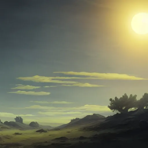 Image similar to concept art painting of a sky with three suns, realistic, detailed, cel shaded, in the style of greg rutkowski