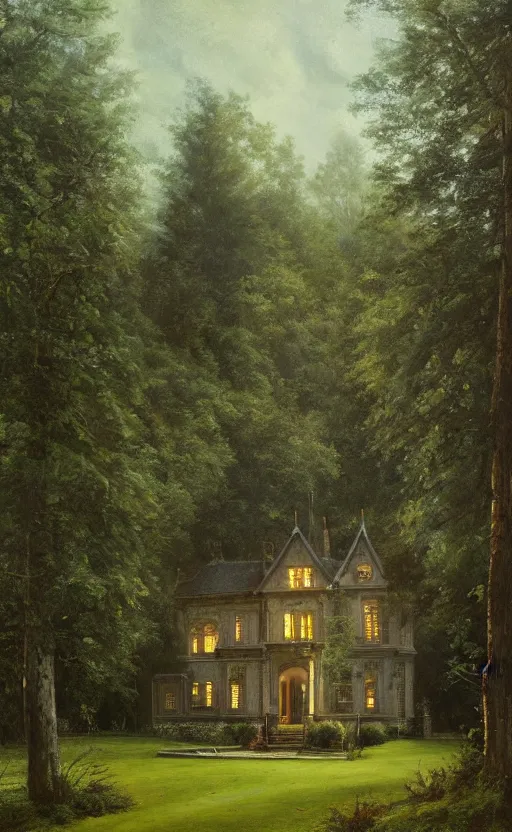 Image similar to portrait of a victorian manor house in a pine forest, well lit, detailed, cinematic lighting, oil painting