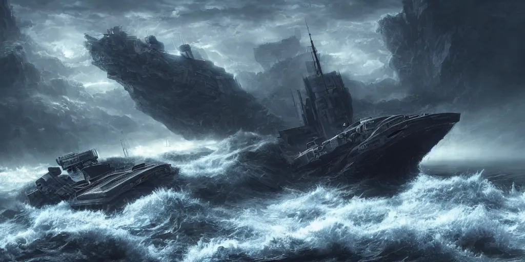 Image similar to scifi barge in turbulent waters in rocky coast, hyper realistic, highly detailed, digital art, apocalyptic, intimidating lighting, raytracing, sharp focus, smooth, romanticism