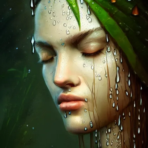 Prompt: a beautiful portrait of a wet plant goddess with closed eyes by Greg Rutkowski and Raymond Swanland, Trending on Artstation, ultra realistic digital art