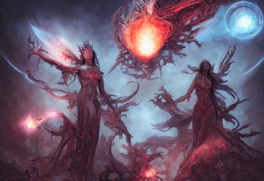 Image similar to an ancient alien female momument staring into space at a supernova, queen of blades, diablo 4 lilith, by dorian cleavenger, by greg rutkowski, by wlop, by astri lohne, by zdzisław beksinsk