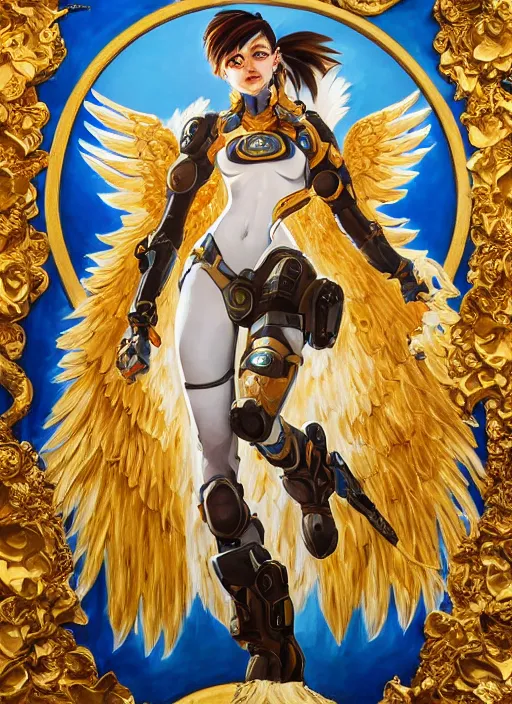 Image similar to full body oil painting of tracer overwatch in the style of sophie anderson, angel wings, angelic golden armor, dramatic painting, symmetrical composition, ornate, high detail, gold detailed collar, gold collar, gold choker, blooming, lights, flowers, detailed face,