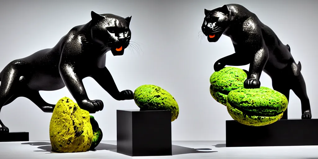 Image similar to panther sculpture created by a mixture of pistachio ice cream, black marble, dandelions and coca cola being thrown around by centrifugal forces, brilliant museum sculpture, award winning photo, 4k