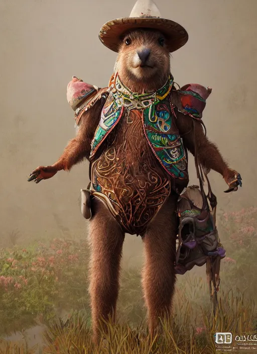 Image similar to detailed full body concept art illustration oil painting of an anthropomorphic capybara cowboy in full intricate clothing by Diane Whitehead, biomutant, ultra detailed, digital art, octane render