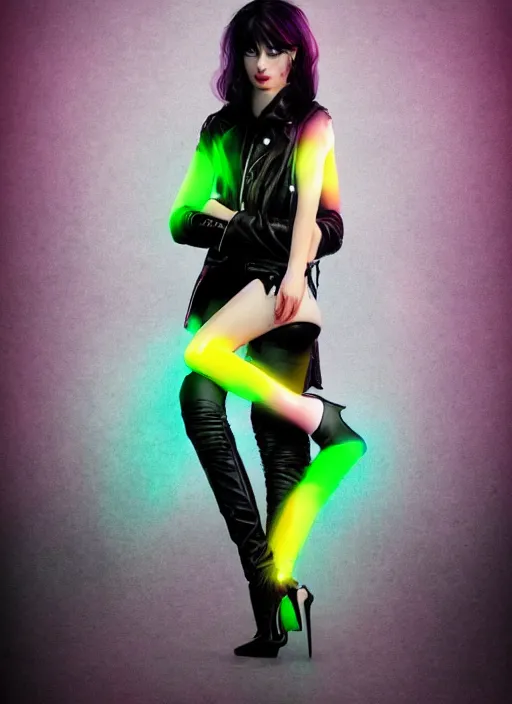 Image similar to a photo of 8 k ultra realistic a black haired female in high heels and a black leather jacket, pink, purple, green, yelow, red, blue, white neon, art by lise deharme