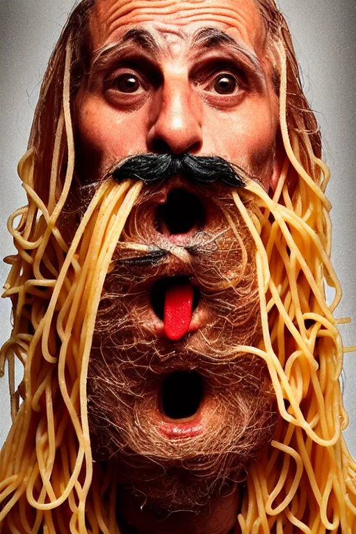 Image similar to extremely detailed portrait of old italian cook, spaghetti mustache, slurping spaghetti, spaghetti in the nostrils, spaghetti hair, spaghetti beard, huge surprised eyes, shocked expression, scarf made from spaghetti, full frame, award winning photo by david lachapelle