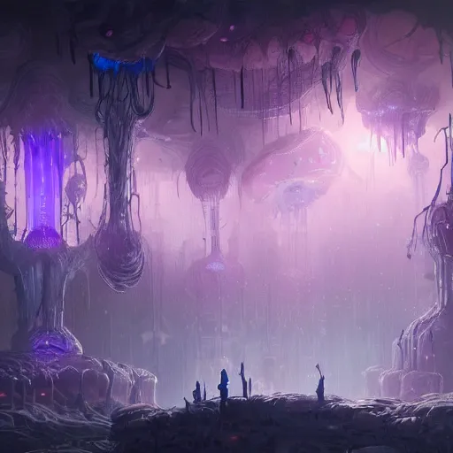 Prompt: concept art detailed painting of a dark purple fungal city made of mushrooms, with glowing blue lights, in the style of jordan grimmer and neil blevins and wayne barlowe