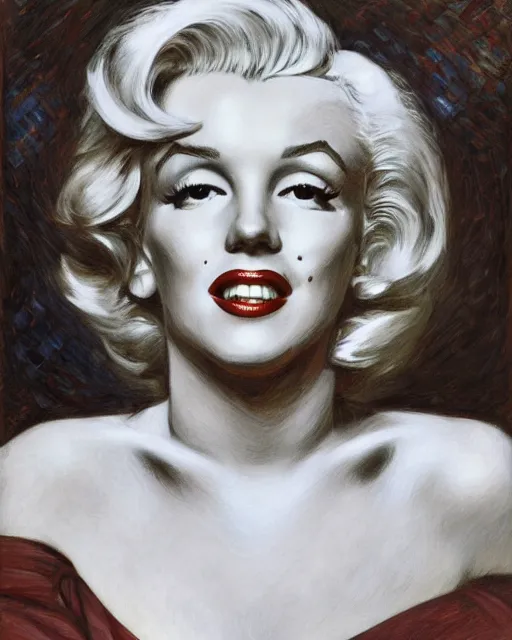 Prompt: portrait of Marilyn Monroe by Mandy Jurgens and Richard Schmid and chuck close and mucha