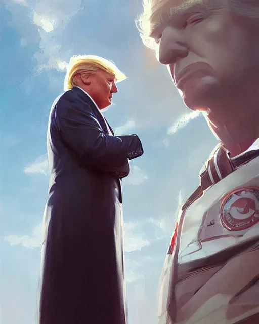 Image similar to donald trump in a spaceship pilot dress, portrait, illustration, rim light, top light, perfectly shaded, spring time, slight overcast lighting, soft painting, art by krenz cushart and wenjun lin