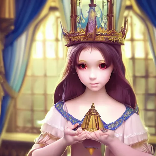 Image similar to a very detailed, ultra-realistic, pleasant, beautiful, funny, smooth 3D CG render, semirealistic anime style, close-up of a gorgeous, cute, gentle, noble priestess magician princess girl wearing dress and jewelry, in a glorious magic kingdom with castle and walls, relaxing calm vibes, fairytale, octane render