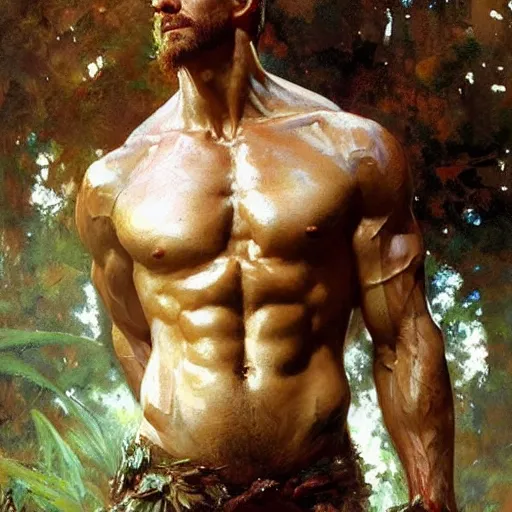 Image similar to god of the forest, 30 years old, playful, male, muscular, detailed face, thighs!!!! gorgeous, amazing, muscular, intricate, highly detailed, painting by Gaston Bussiere, Craig Mullins