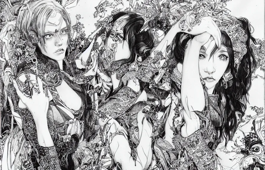 Image similar to mia malkova and rachael riley chatting making an adult film, style drawn by vania zouravliov and takato yamamoto, inspired by cyberpunk, intricate acrylic gouache painting, high detail, sharp high detail, artstation