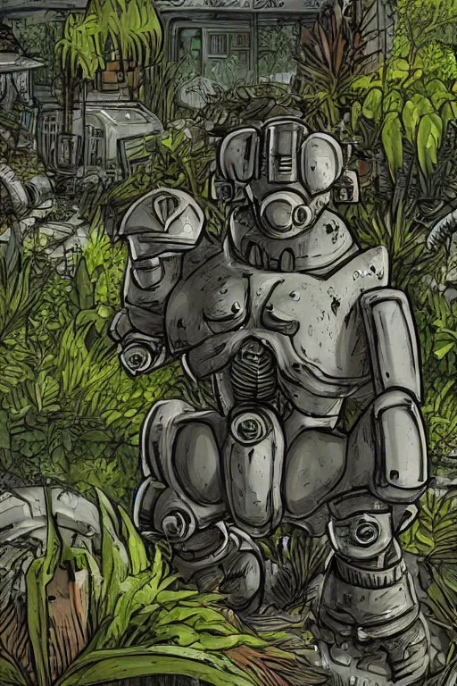 Image similar to Power armor enclave from Fallout 2 stands on a street overgrown with plants, high detail, smooth, clear focus, realism,