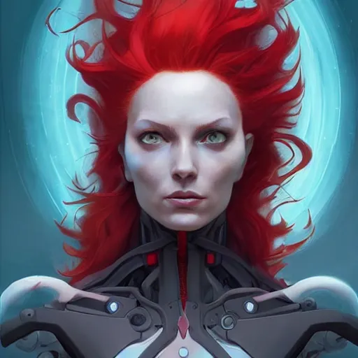 Image similar to portrait x-men Jean Grey as a cyborg with flowing beautiful red hair, art by pete mohrbacher and seb mckinnon and beksinski and josan gonzales, digital art, highly detailed, intricate, sci-fi, sharp focus, Trending on Artstation HQ, deviantart, unreal engine 5, 4K UHD image