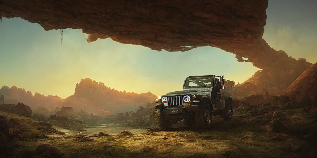 Prompt: Mahindra thar, an epic fantasy, dramatic lighting, cinematic, establishing shot, horizon forbidden west, extremely high detail, photorealistic, cinematic lighting, by simon stalenhag