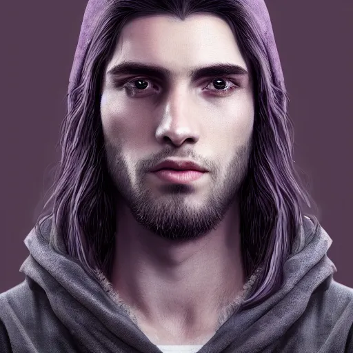 Image similar to a highly detailed Portrait of a young man with light gray long hair, purple eyes, in a black cloak, artstation, DeviantArt, professional, octane render