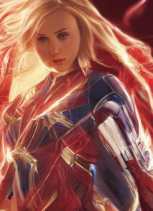 Image similar to Scarlett Johansson as Captain Marvel, fantasy, intricate, elegant, highly detailed, digital painting, artstation, concept art, smooth, sharp focus, illustration, art by artgerm and greg rutkowski and alphonse mucha