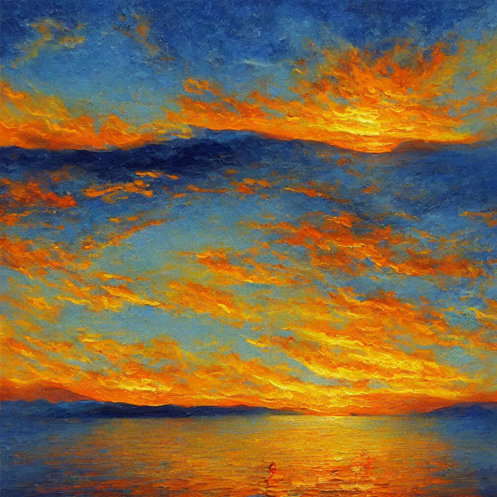 Prompt: an impasto oil painting of a stunning sunset painted by ken hong leung, blue color scheme, golden ratio