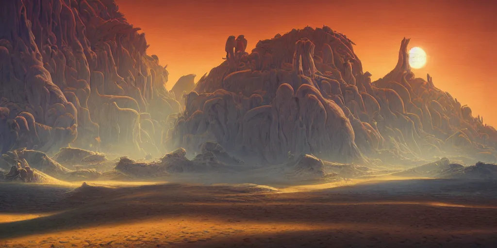 Image similar to the sands of time, a highly detailed cinematic oil painting by roger dean and alena aenami, bones of a colossal creature submerged in sands, dynamic lighting